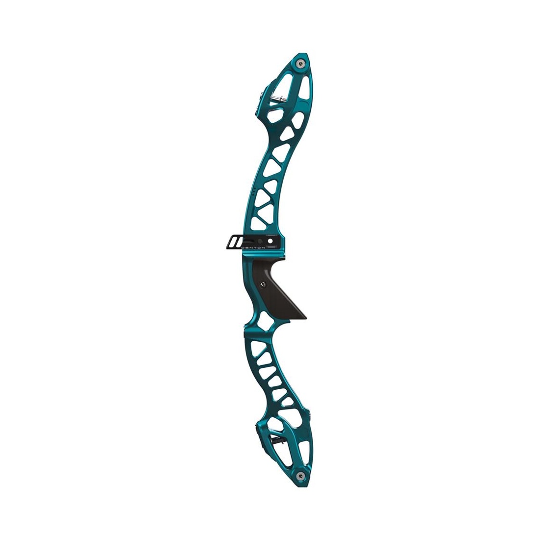 recurveboog, boogschieten, aluminium frame, turquoise, uitsparingen